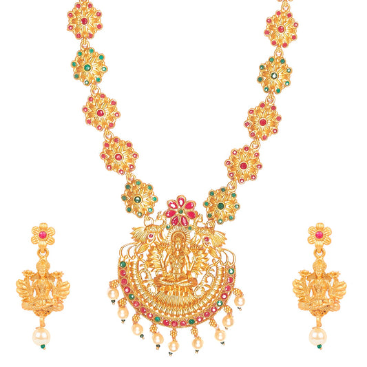 Handcrafted 18K Antique Gold Plated Godess Lakshmi Temple Jewellery Necklace With Matching Earring For Women (SJ_2835)