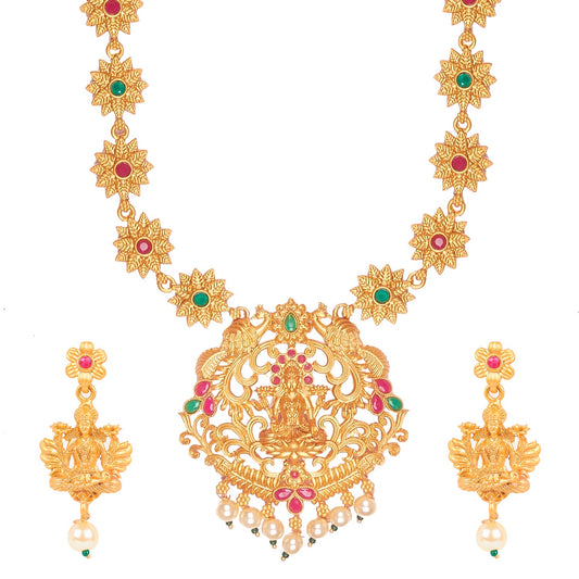 Handcrafted 18K Antique Gold Plated Godess Lakshmi Temple Jewellery Necklace With Matching Earring For Women (SJ_2836)