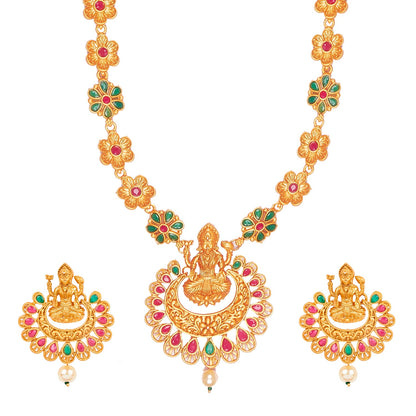 Handcrafted 18K Antique Gold Plated Godess Lakshmi Temple Jewellery Necklace With Matching Earring For Women (SJ_2837)