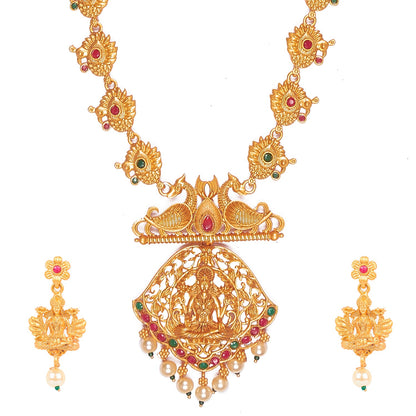 Handcrafted 18K Antique Gold Plated Godess Lakshmi Temple Jewellery Necklace With Matching Earring For Women (SJ_2838)