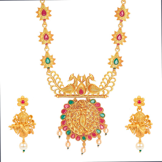 Handcrafted 18K Antique Gold Plated Lord Krishna Temple Jewellery Necklace With Matching Earring For Women (SJ_2839)