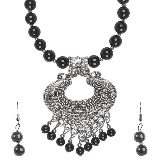 Antique Silver Oxidised Adjustable Afghani Etnic Stylish Designer Combo Necklace Jewellery Set for Women (SJ_2854)