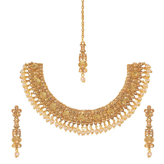 18K Antique Gold Plated One Gram Bridal Jewellery  Combo Necklace Set with Tikka and Earrings for Women (SJ_2865)