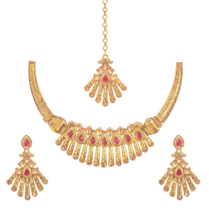 18K Antique Gold Plated One Gram Bridal Jewellery  Combo Necklace Set with Tikka and Earrings for Women (SJ_2866)