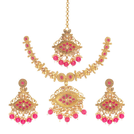 18K Antique Gold Plated One Gram Bridal Jewellery  Combo Necklace Set with Tikka and Earrings for Women (SJ_2867)