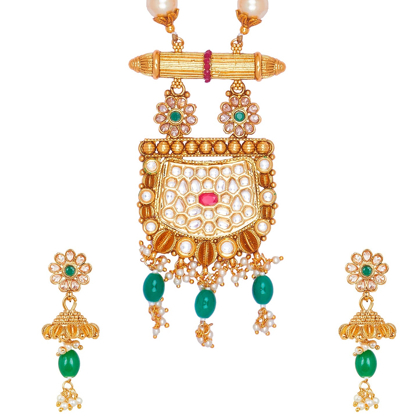 Pure Copper One Gram Long Kundan and CZ Studded Long Necklace Combo Jewellery Set for Women wiith Kundan Jhumkas (SJ_2869)