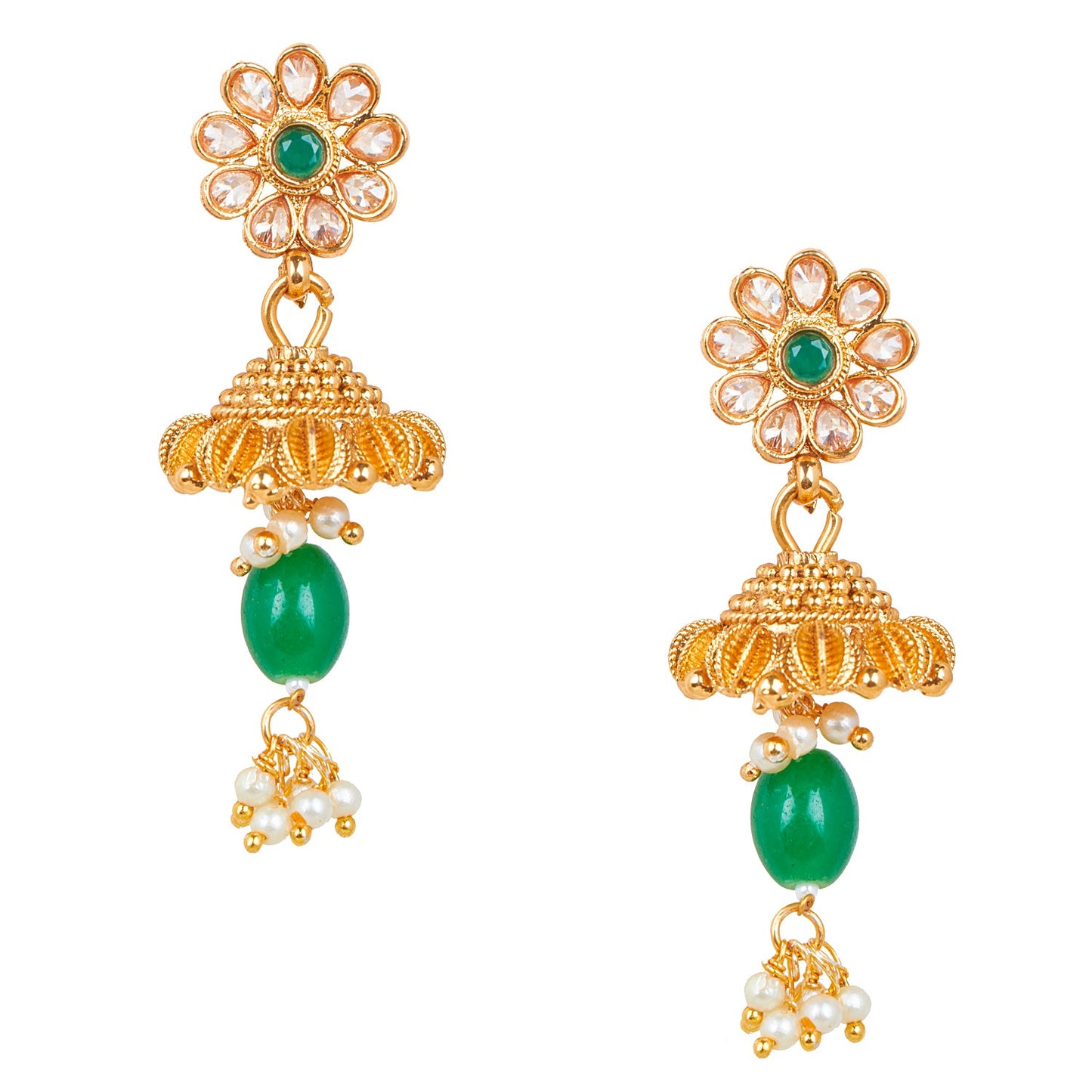 Pure Copper One Gram Long Kundan and CZ Studded Long Necklace Combo Jewellery Set for Women wiith Kundan Jhumkas (SJ_2869)