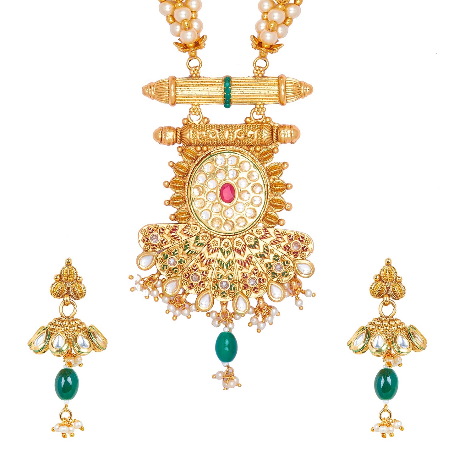 Pure Copper One Gram Long Kundan and CZ Studded Long Necklace Combo Jewellery Set for Women wiith Kundan Jhumkas (SJ_2870)