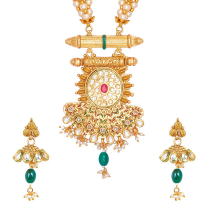 Pure Copper One Gram Long Kundan and CZ Studded Long Necklace Combo Jewellery Set for Women wiith Kundan Jhumkas (SJ_2870)