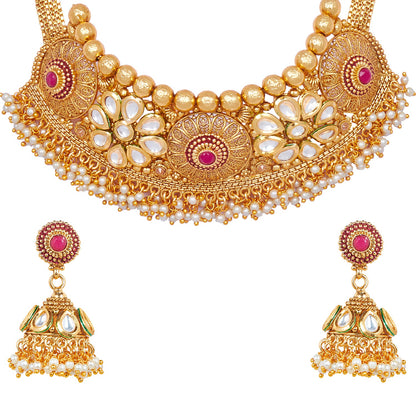 Pure Copper One Gram  Kundan and Ruby Emerald CZ Studded Choker Necklace Combo Jewellery Set for Women wiith  Kundan Earrings for Women (SJ_2873)