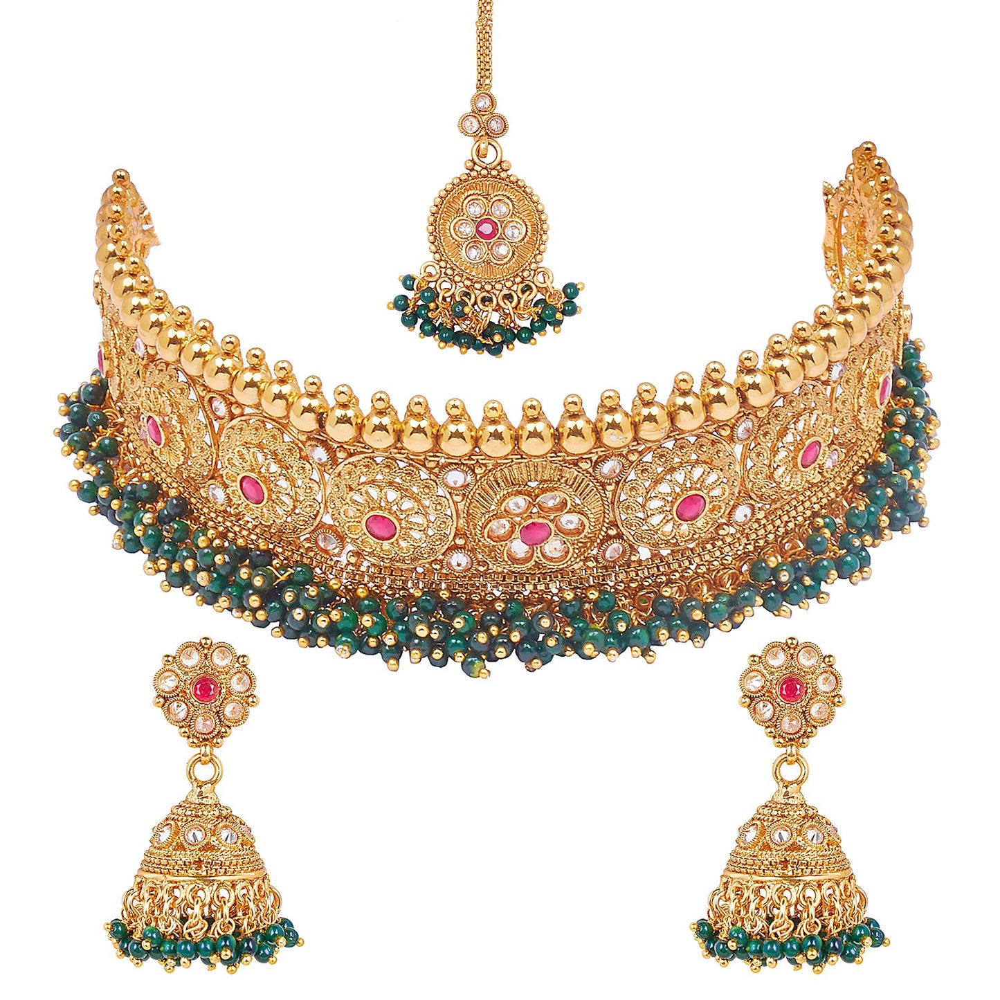 Pure Copper One Gram  Kundan and Ruby Emerald CZ Studded Choker Necklace Combo Jewellery Set for Women wiith  Kundan Earrings for Women (SJ_2876)