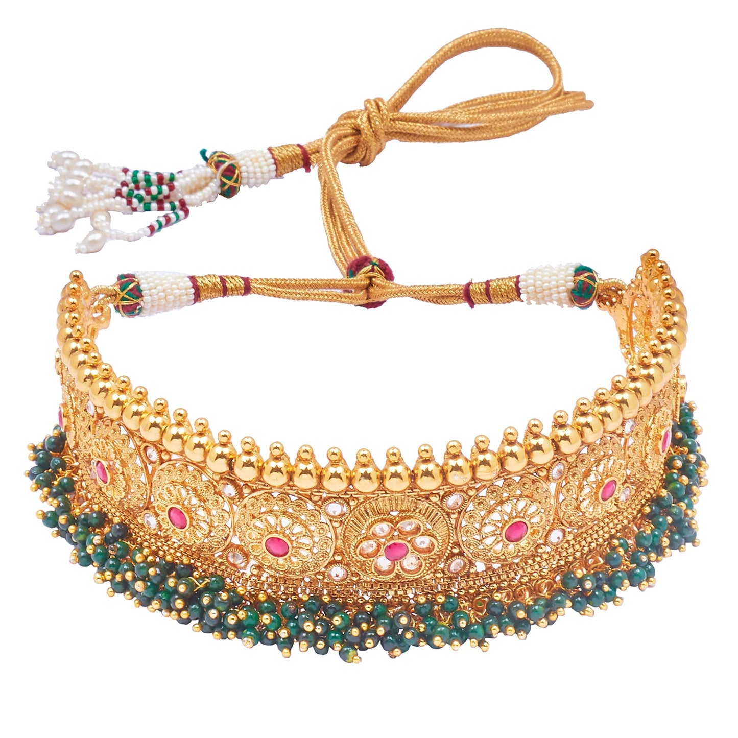 Pure Copper One Gram  Kundan and Ruby Emerald CZ Studded Choker Necklace Combo Jewellery Set for Women wiith  Kundan Earrings for Women (SJ_2876)