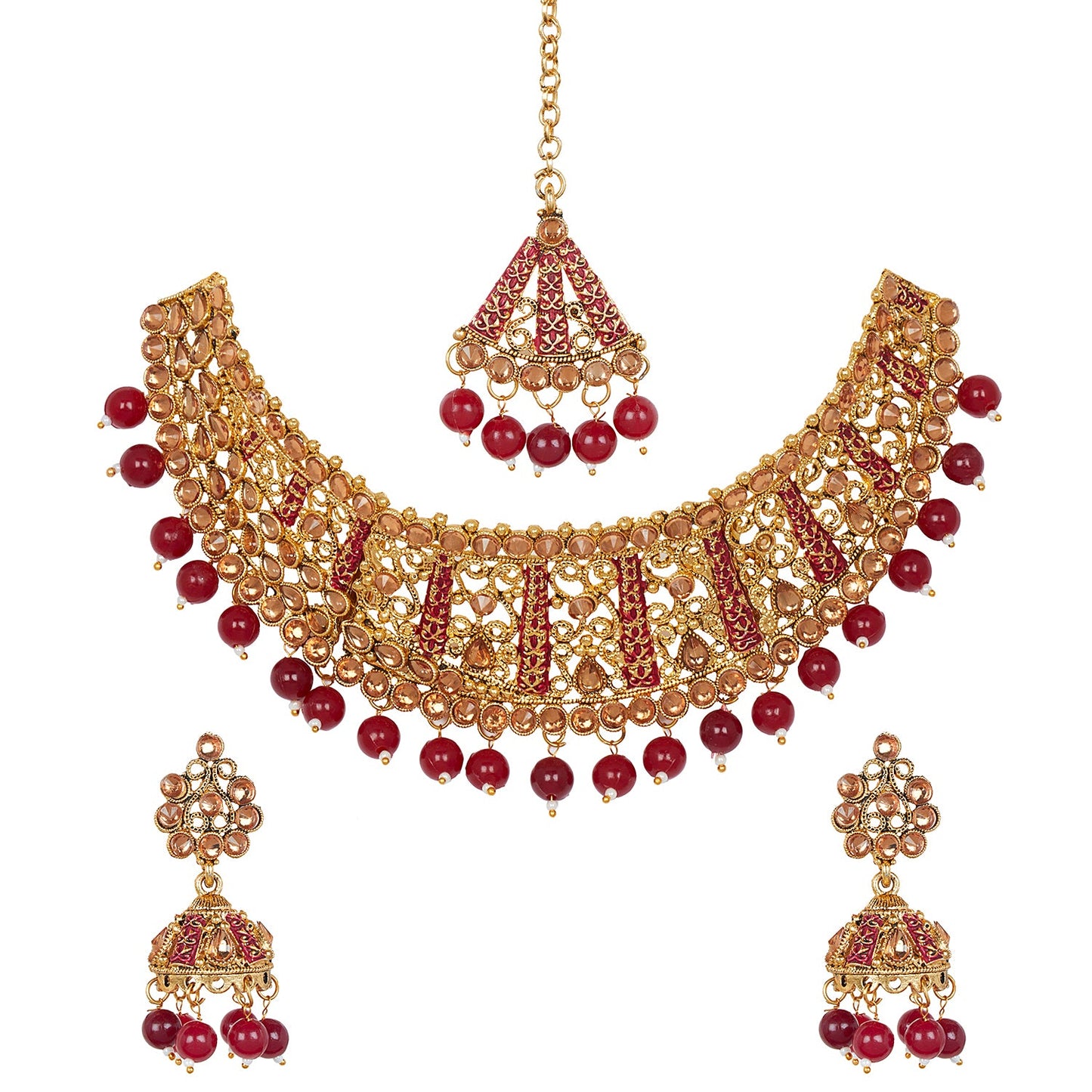 Shining Jewel 18K Antique Gold Plated One Gram Bridal Jewellery Combo Necklace Set with Tikka and Earrings for Women (SJ_2878_M)