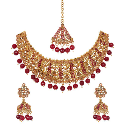 Shining Jewel 18K Antique Gold Plated One Gram Bridal Jewellery Combo Necklace Set with Tikka and Earrings for Women (SJ_2878_M)