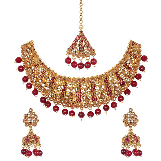 Shining Jewel 18K Antique Gold Plated One Gram Bridal Jewellery Combo Necklace Set with Tikka and Earrings for Women (SJ_2878_M)