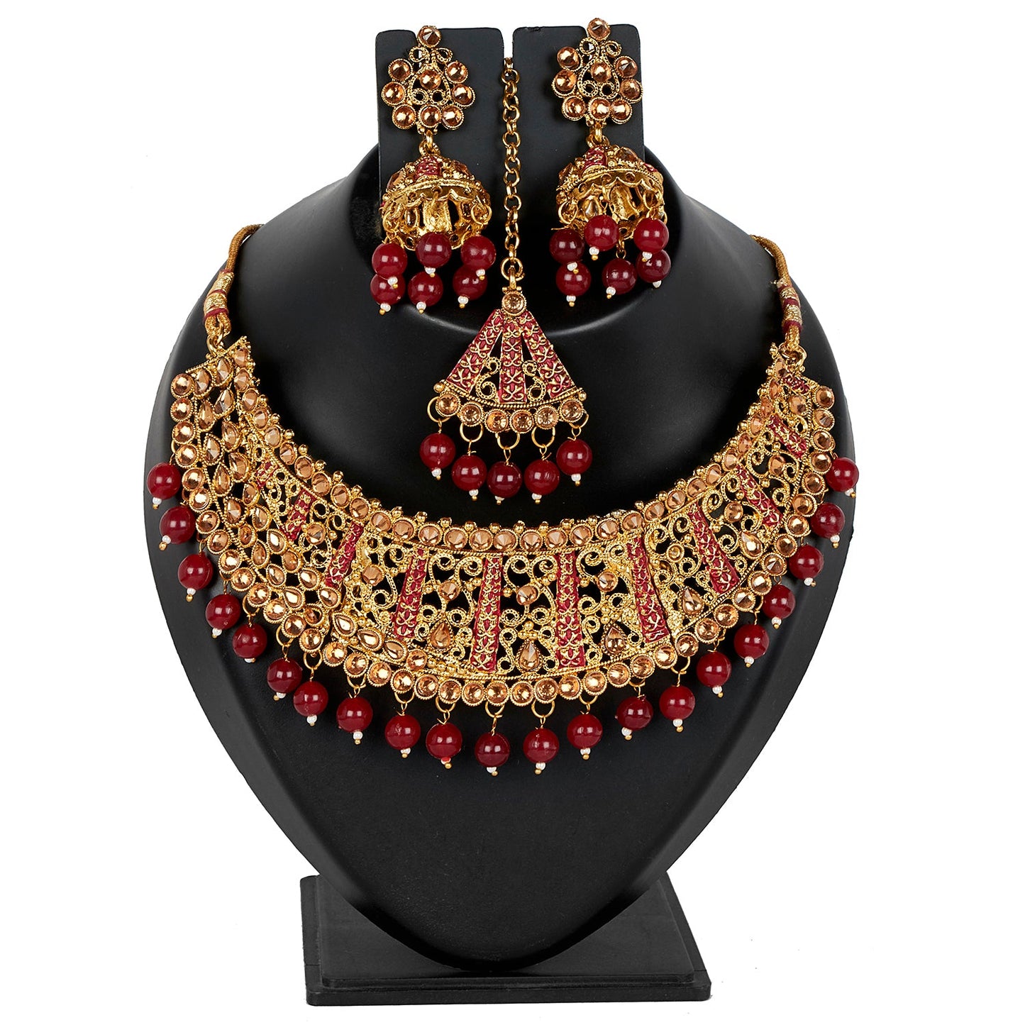Shining Jewel 18K Antique Gold Plated One Gram Bridal Jewellery Combo Necklace Set with Tikka and Earrings for Women (SJ_2878_M)