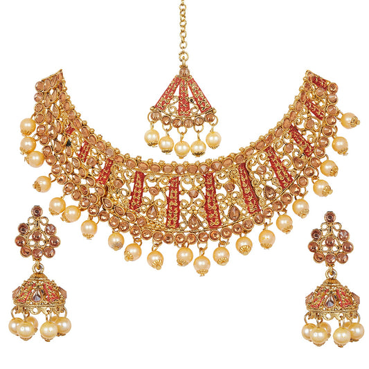 Shining Jewel 18K Antique Gold Plated One Gram Bridal Jewellery Combo Necklace Set with Tikka and Earrings for Women (SJ_2878_R)