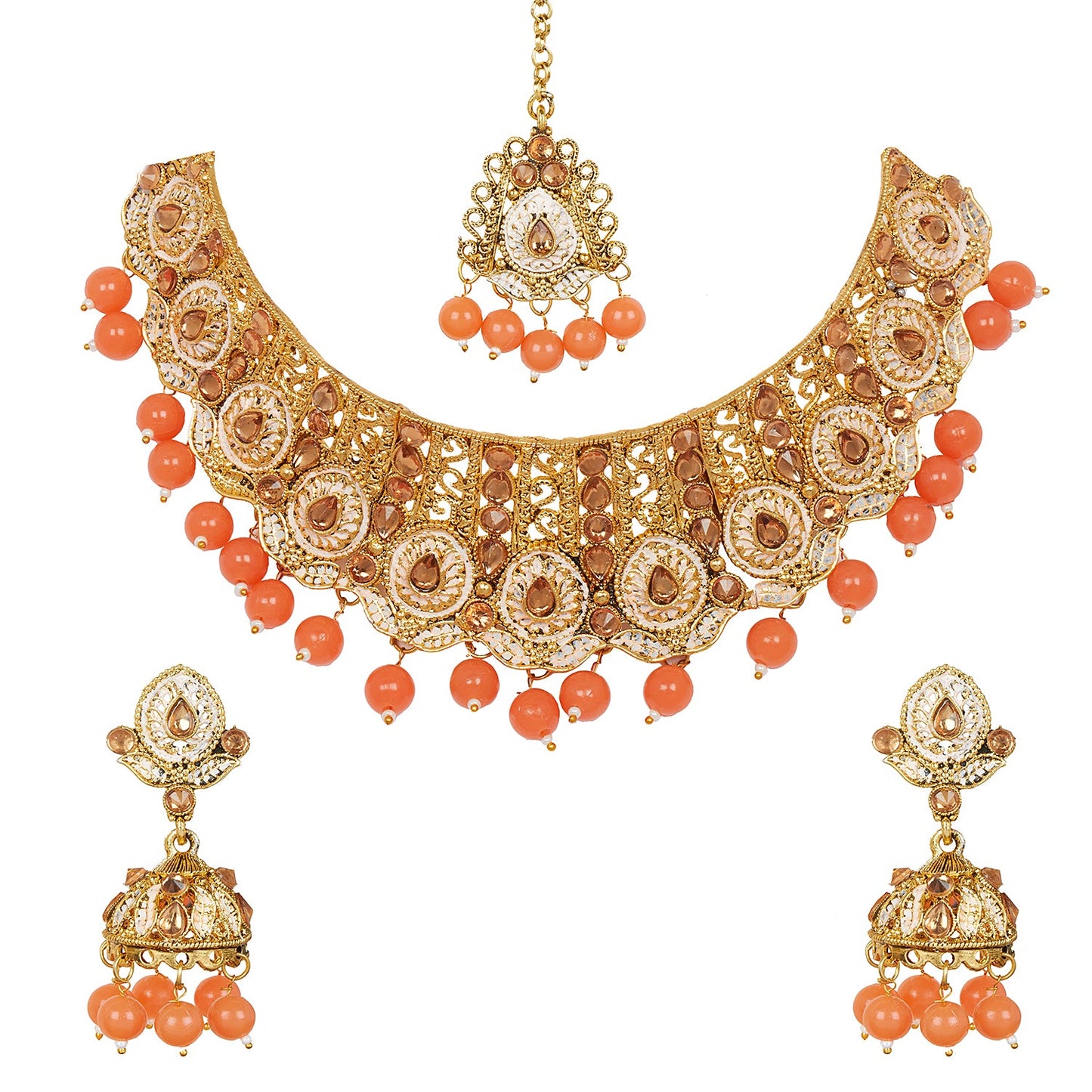 Shining Jewel 18K Antique Gold Plated One Gram Bridal Jewellery Combo Necklace Set with Tikka and Earrings for Women (SJ_2879_O)