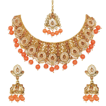 Shining Jewel 18K Antique Gold Plated One Gram Bridal Jewellery Combo Necklace Set with Tikka and Earrings for Women (SJ_2879_O)