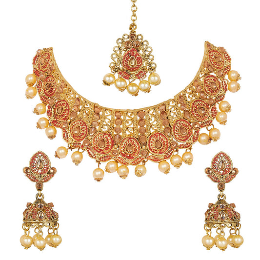 Shining Jewel 18K Antique Gold Plated One Gram Bridal Jewellery Combo Necklace Set with Tikka and Earrings for Women (SJ_2879_R)
