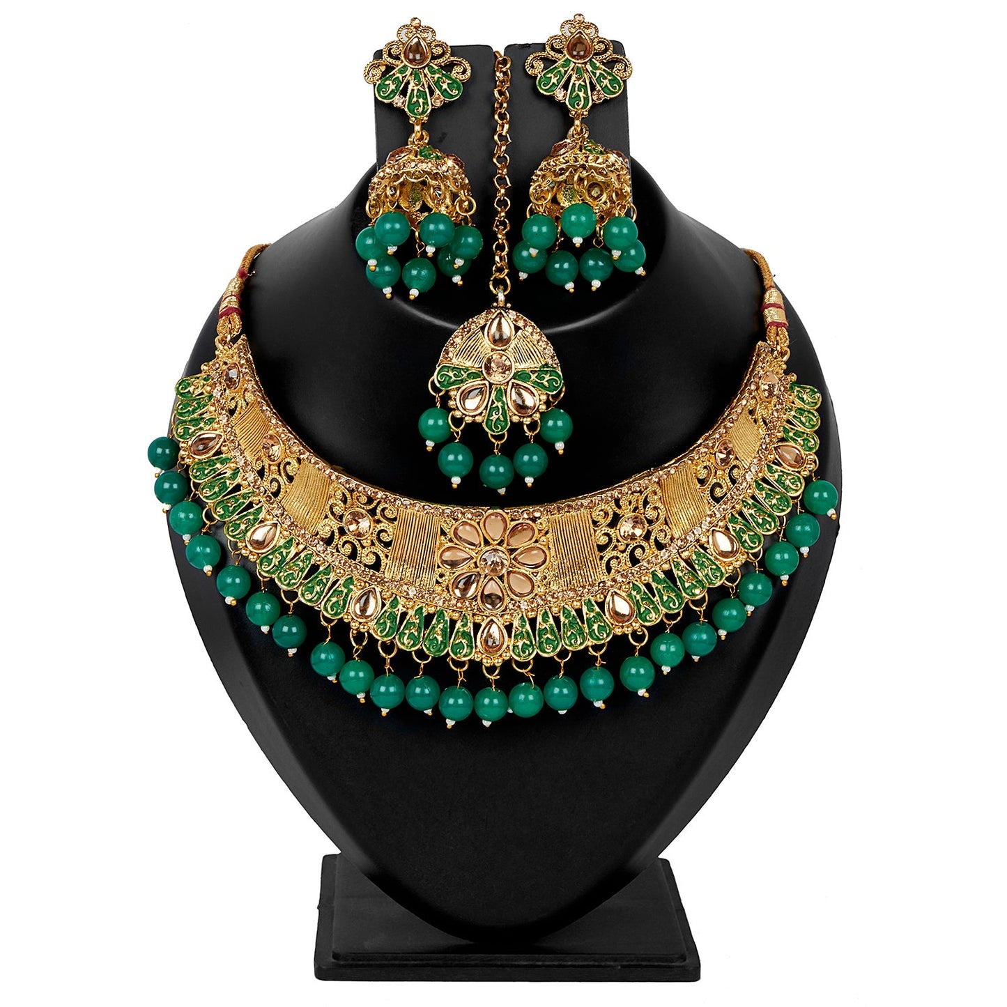 Shining Jewel 18K Antique Gold Plated One Gram Bridal Jewellery Combo Necklace Set with Tikka and Earrings for Women (SJ_2880_G)