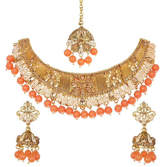 Shining Jewel 18K Antique Gold Plated One Gram Bridal Jewellery Combo Necklace Set with Tikka and Earrings for Women (SJ_2880_O)