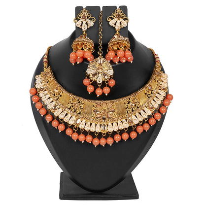 Shining Jewel 18K Antique Gold Plated One Gram Bridal Jewellery Combo Necklace Set with Tikka and Earrings for Women (SJ_2880_O)