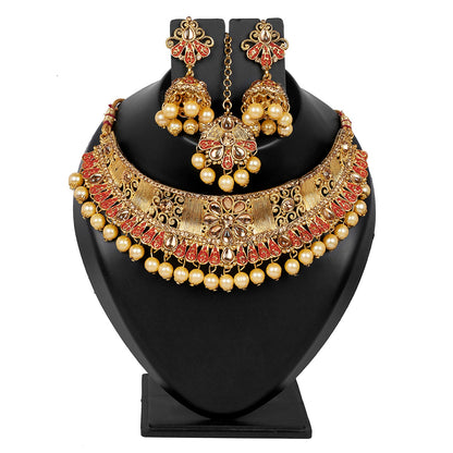 Shining Jewel 18K Antique Gold Plated One Gram Bridal Jewellery Combo Necklace Set with Tikka and Earrings for Women (SJ_2880_R)