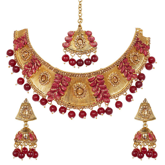 Shining Jewel 18K Antique Gold Plated One Gram Bridal Jewellery Combo Necklace Set with Tikka and Earrings for Women (SJ_2881_M)