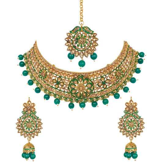 Shining Jewel 18K Antique Gold Plated One Gram Bridal Jewellery Combo Necklace Set with Tikka and Earrings for Women (SJ_2882_G)