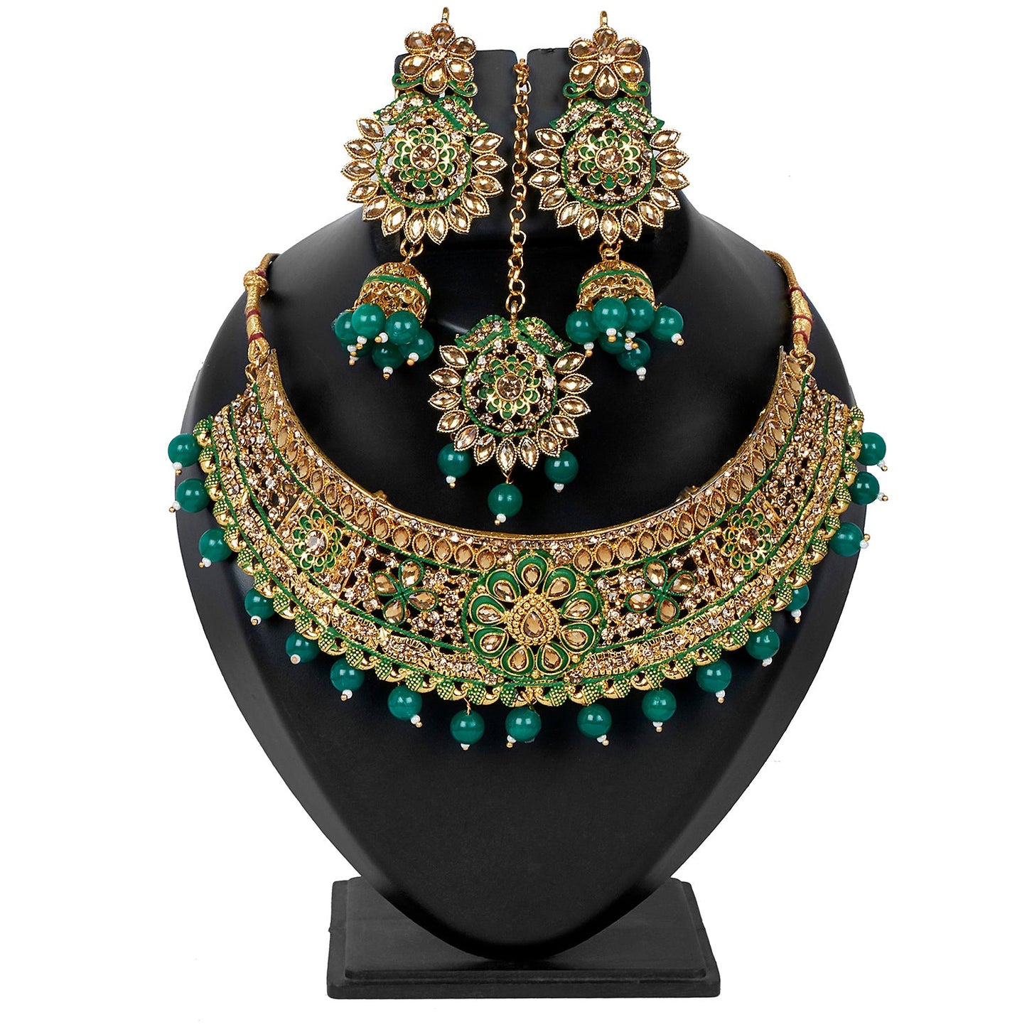 Shining Jewel 18K Antique Gold Plated One Gram Bridal Jewellery Combo Necklace Set with Tikka and Earrings for Women (SJ_2882_G)