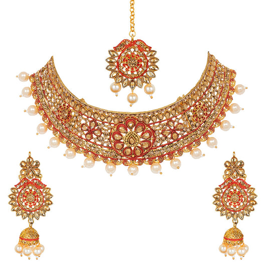 Shining Jewel 18K Antique Gold Plated One Gram Bridal Jewellery Combo Necklace Set with Tikka and Earrings for Women (SJ_2882_R)