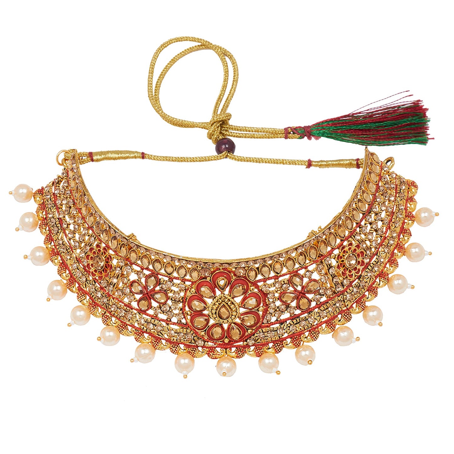 Shining Jewel 18K Antique Gold Plated One Gram Bridal Jewellery Combo Necklace Set with Tikka and Earrings for Women (SJ_2882_R)
