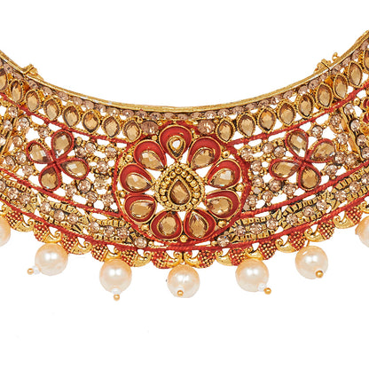 Shining Jewel 18K Antique Gold Plated One Gram Bridal Jewellery Combo Necklace Set with Tikka and Earrings for Women (SJ_2882_R)