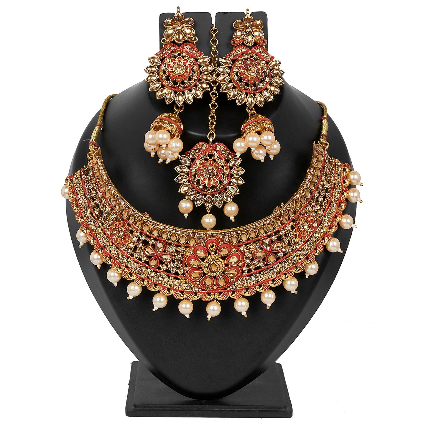 Shining Jewel 18K Antique Gold Plated One Gram Bridal Jewellery Combo Necklace Set with Tikka and Earrings for Women (SJ_2882_R)