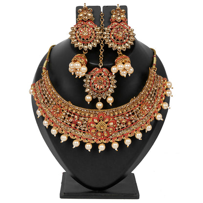 Shining Jewel 18K Antique Gold Plated One Gram Bridal Jewellery Combo Necklace Set with Tikka and Earrings for Women (SJ_2882_R)