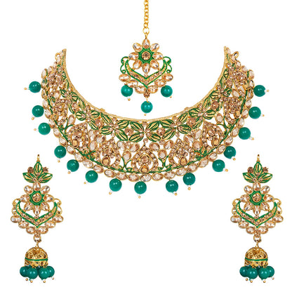 Shining Jewel 18K Antique Gold Plated One Gram Bridal Jewellery Combo Necklace Set with Tikka and Earrings for Women (SJ_2883_G)