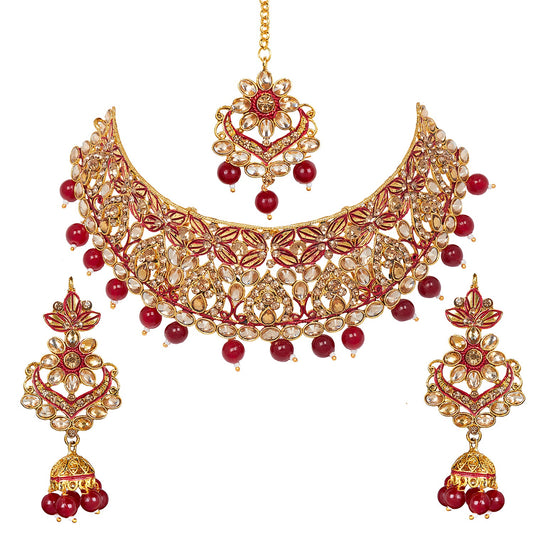 Shining Jewel 18K Antique Gold Plated One Gram Bridal Jewellery Combo Necklace Set with Tikka and Earrings for Women (SJ_2883_M)