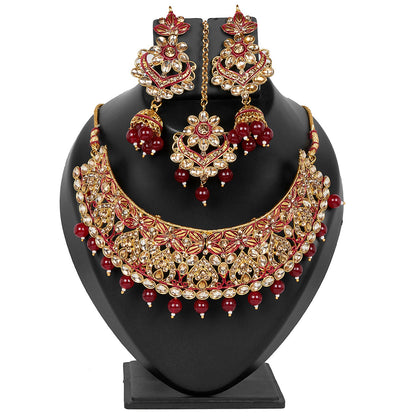 Shining Jewel 18K Antique Gold Plated One Gram Bridal Jewellery Combo Necklace Set with Tikka and Earrings for Women (SJ_2883_M)