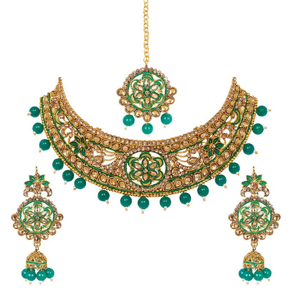Shining Jewel 18K Antique Gold Plated One Gram Bridal Jewellery Combo Necklace Set with Tikka and Earrings for Women (SJ_2884_G)