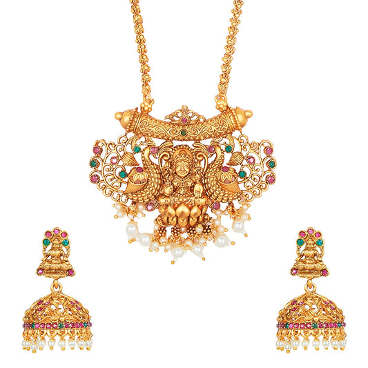 Handcrafted 18K Antique Gold Plated Godess Lakshmi Temple Jewellery Necklace With Matching  Jhumka Earring For Women (SJ_2885)