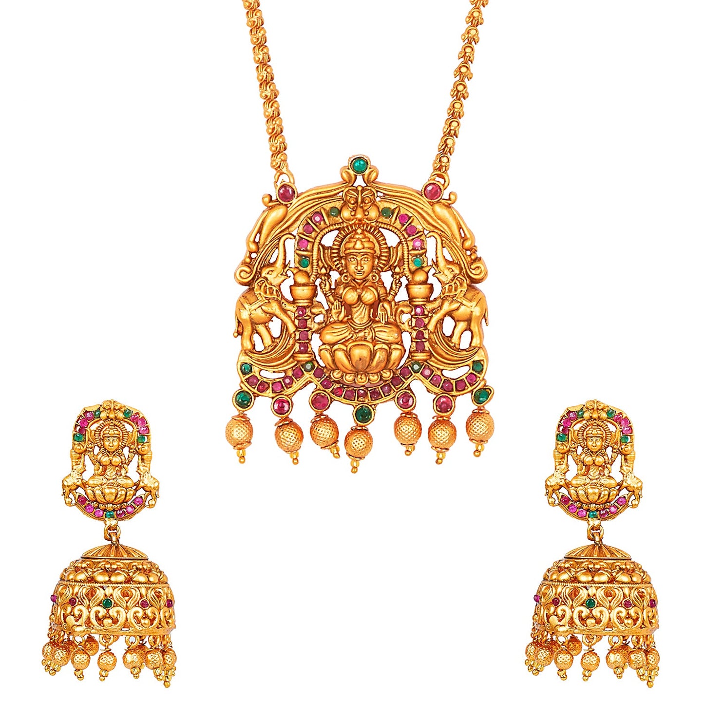 Handcrafted 18K Antique Gold Plated Godess Lakshmi Temple Jewellery Necklace With Matching  Jhumka Earring For Women (SJ_2886)