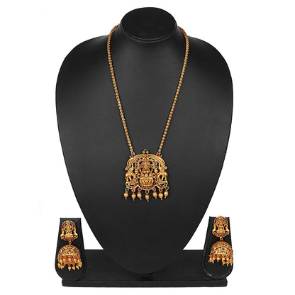 Handcrafted 18K Antique Gold Plated Godess Lakshmi Temple Jewellery Necklace With Matching  Jhumka Earring For Women (SJ_2886)