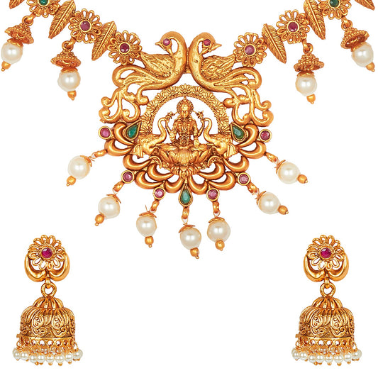 Handcrafted 18K Antique Gold Plated Godess Lakshmi Temple Jewellery Necklace With Matching  Jhumka Earring For Women (SJ_2887)