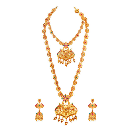 Handcrafted 18K Antique Gold Plated Temple Jewellery Combo Bridal Dulhan Necklace Set With Matching Earring For Women (SJ_2890)