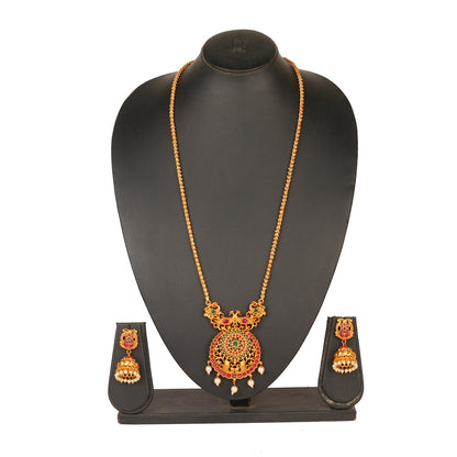 Handcrafted 18K Antique Gold Plated Temple Jewellery Necklace With Matching Earring For Women (SJ_2899)