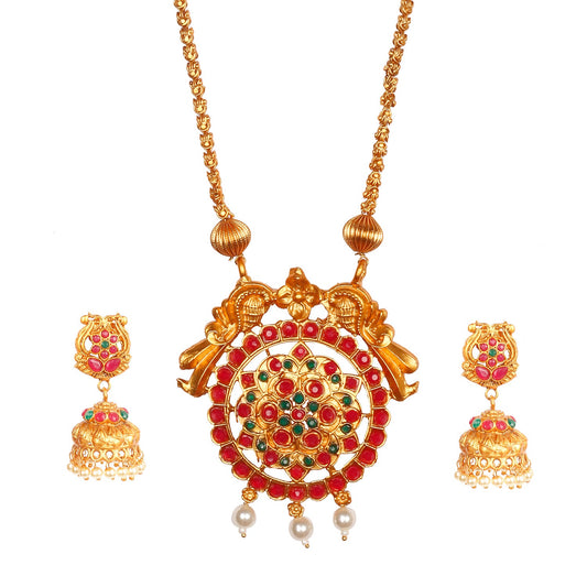 Handcrafted 18K Antique Gold Plated Temple Jewellery Necklace With Matching Earring For Women (SJ_2900)