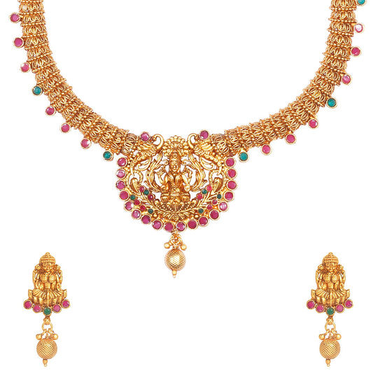 Handcrafted 18K Antique Gold Plated Godess Lakshmi Temple Jewellery Necklace With Matching Earring For Women (SJ_2910)