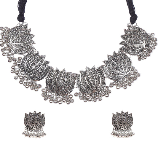 Traditional Indian Handcrafted Real Authentic Silver Look Kamal Lotus Jewellery Necklace Set With Matching Earrings For Girls & Women (SJ_2914) - Shining Jewel