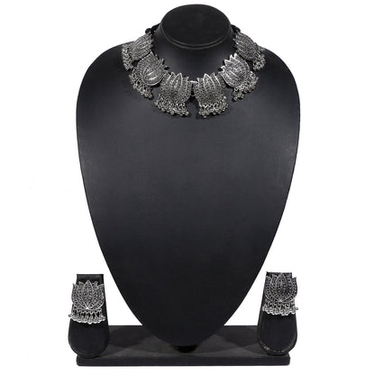 Traditional Indian Handcrafted Real Authentic Silver Look Kamal Lotus Jewellery Necklace Set With Matching Earrings For Girls & Women (SJ_2914)